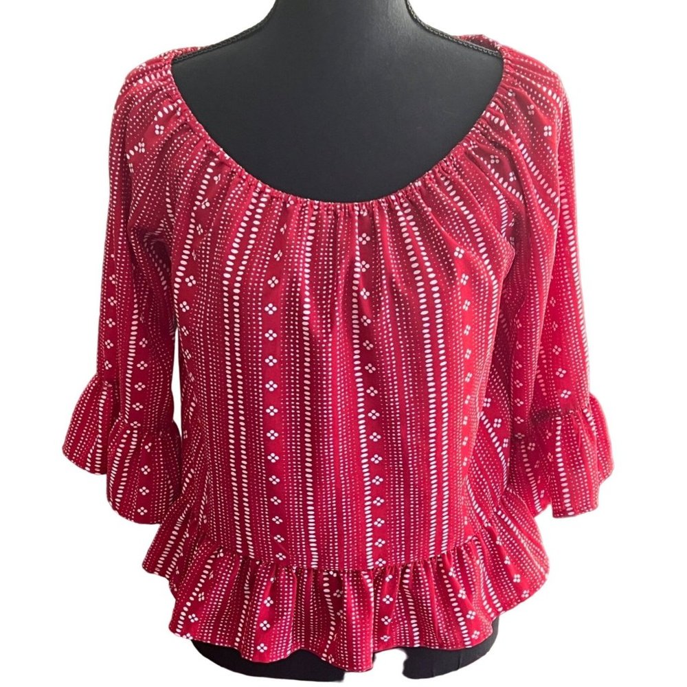 Sanctuary Women's Red Designed Patterned 3/4 Bell Sleeve Peplum Blouse SZ Small